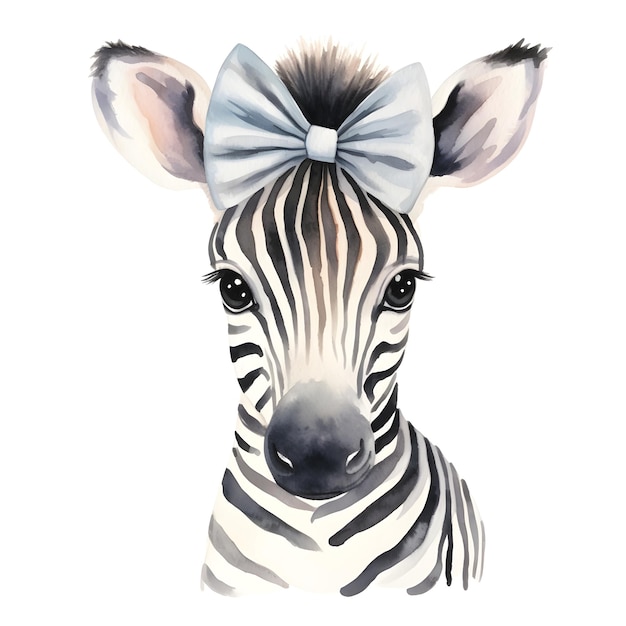 Delightful Watercolor of Baby Zebra with Colorful Bow Tie on White Background