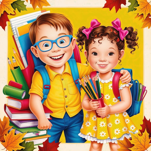 A delightful welcome back to school illustration featuring a beaming boy and girl