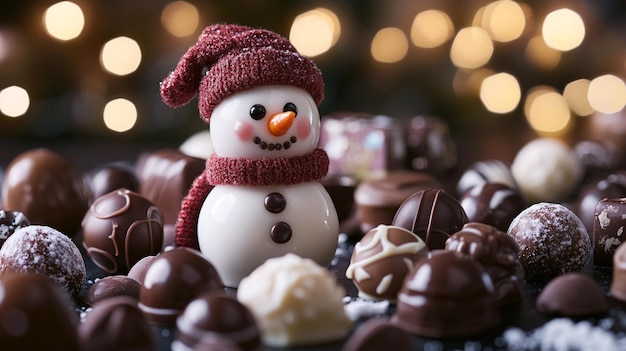 A delightful winter scene featuring a snowman surrounded by an assortment of chocolates with soft