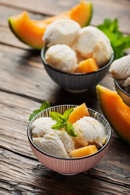 Delisious ice cream with melon and mint