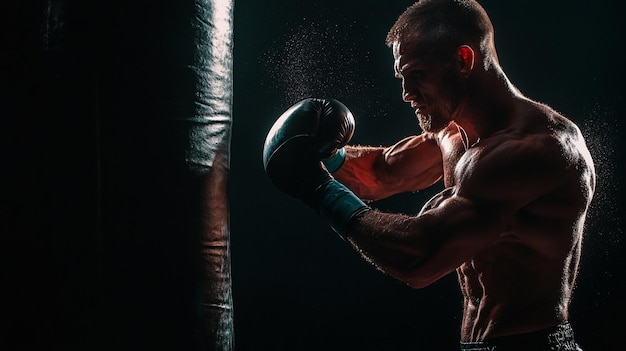 Photo delivers a powerful right hook studio shot of kick boxer exercising with punching bag on black background