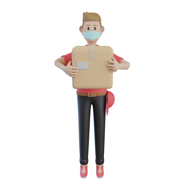 Delivery agent holding parcel with Face Mask on