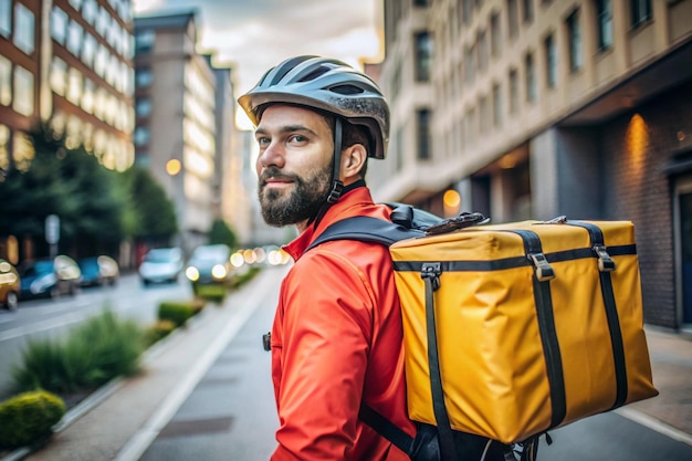 Photo a delivery biker looking over their shoulder