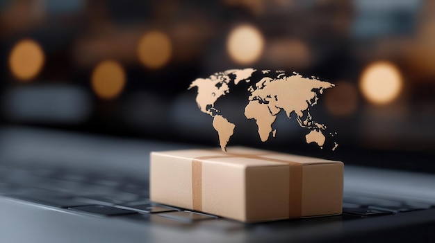 Photo a delivery box on a laptop keyboard with a world map overlay symbolizing global shipping and ecommerce