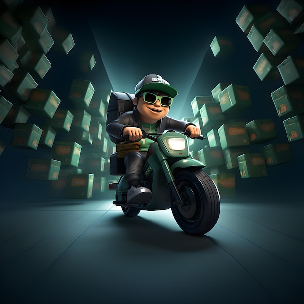 Delivery boy on scooter doing delivery service 3D illustration