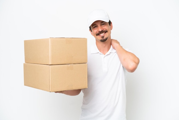 Delivery caucasian man isolated on white background laughing