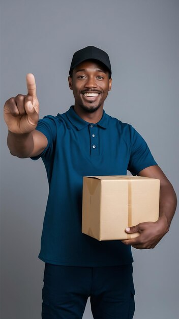 Photo delivery concept portrt of happy african american delivery man holding a box package and showing th