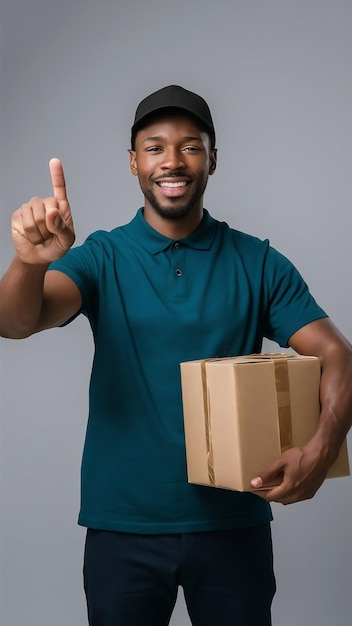 Photo delivery concept portrt of happy african american delivery man holding box packages and showing thu