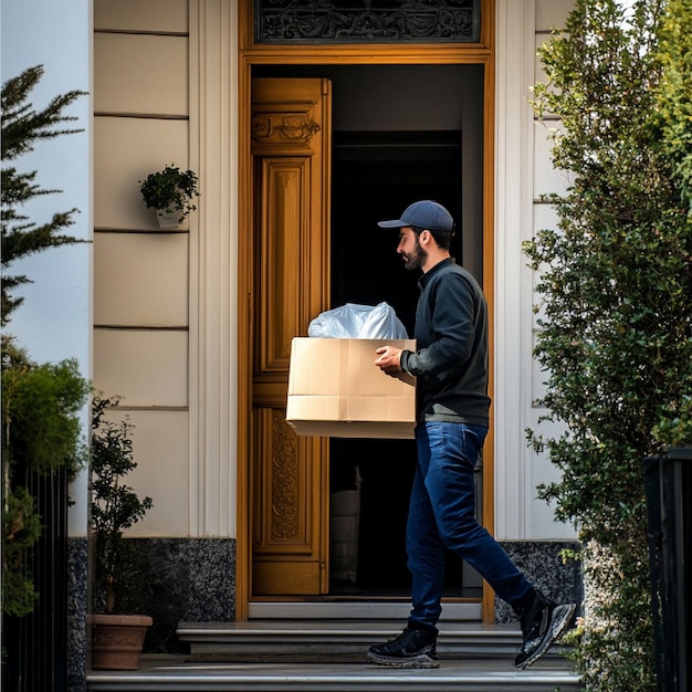 Photo a delivery driver arriving with a food bag at a customers doorstep