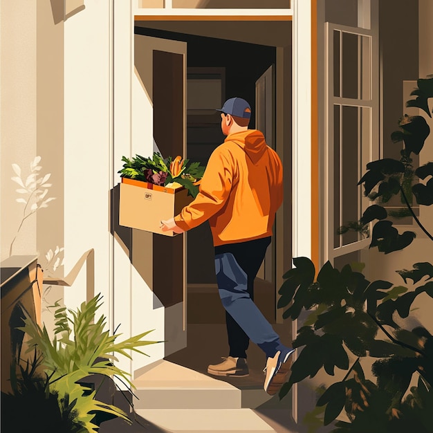 Photo a delivery driver bringing a subscription box of gourmet foods to a customers home