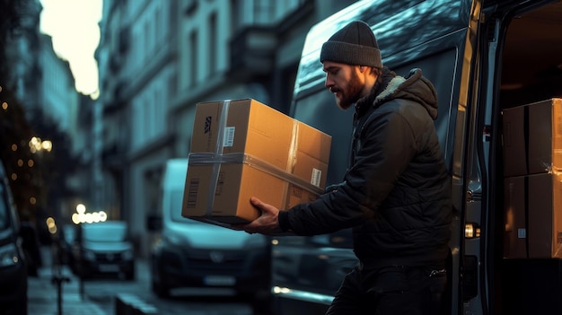 Photo delivery driver loading packages into van courier career concept minivan with parcels