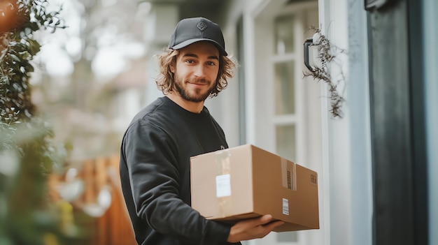 Photo a delivery driver smiles as he hands a package to a customer