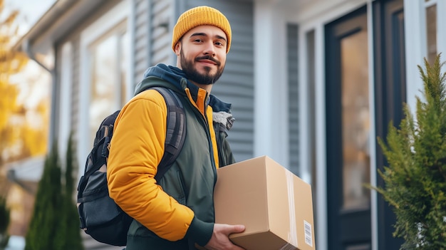 Photo a delivery driver smiles at the camera while holding a package