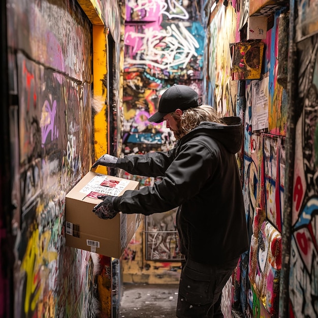 Photo delivery driver spraypainting in a gritty urban alleyway