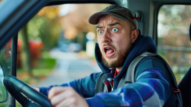 Photo a delivery driver wearing a torque looking frightened