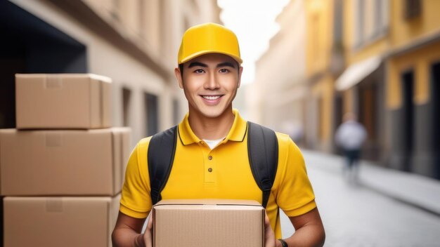 Delivery employee Asian man as dealer courier or loader holding a cardboard box in his hands