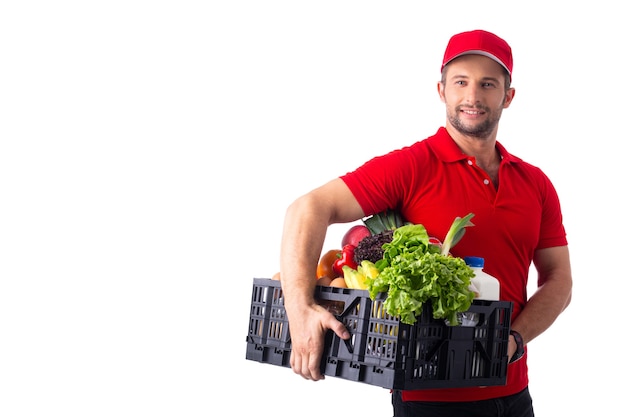 Delivery food service team holding black basket
for send to customer