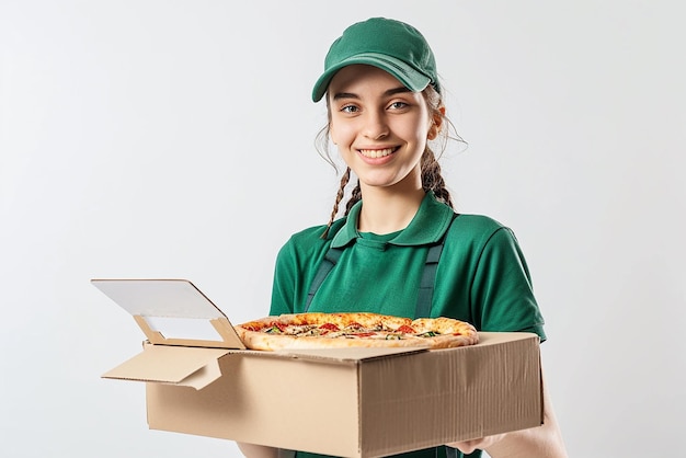 a delivery girl with pizza box on white isolated background