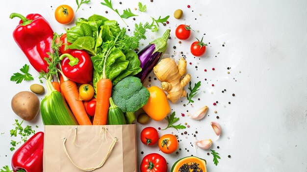 Delivery healthy food background Healthy vegan vegetarian food in paper bag vegetables