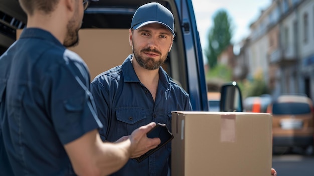 delivery man in a blue uniform and cap holding a clipboard