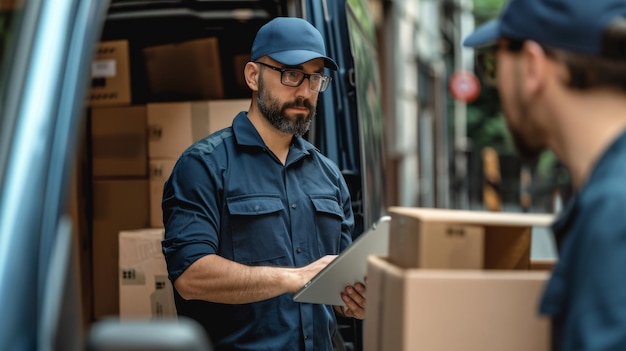 delivery man in a blue uniform and cap holding a clipboard