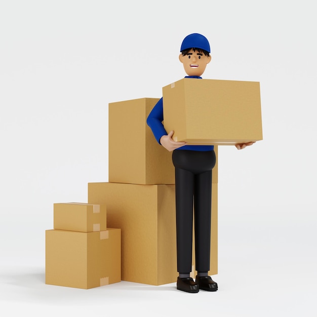 Delivery man in blue uniform holding parcel stack of cardboard boxes shipment service Full Length people composition 3D rendering