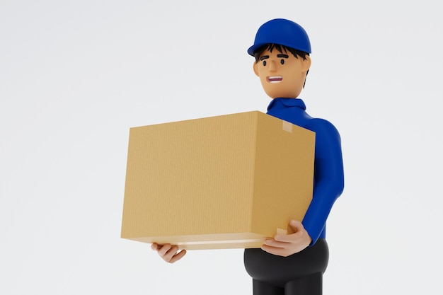 Delivery man in blue uniform smiling holding parcel box shipment service concept 3D rendering