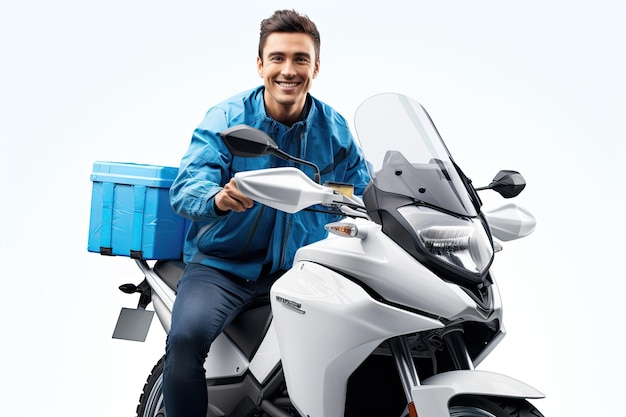 Delivery man driving white moped motorbike scooter with blue box Employee working courier Smiling man Generative ai art