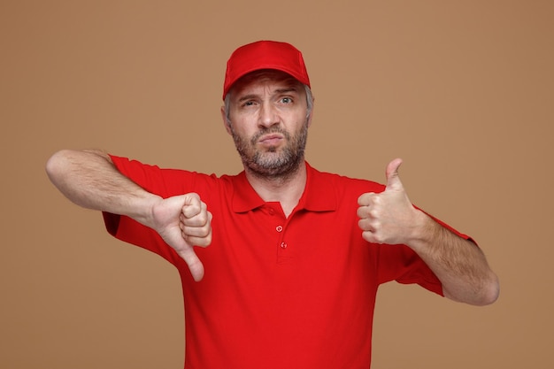 Delivery man employee in red cap blank tshirt uniform looking at camera being confused frowning showing thumbs up and down standing over brown background