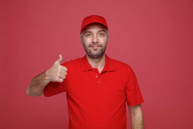 Delivery man employee in red cap blank tshirt uniform looking at camera smiling confident happy and positive showing thumb up standing over red background