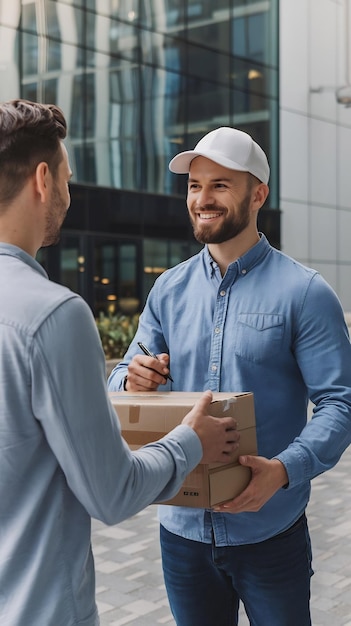 Photo delivery man gives postal package to a business customer who signs electronic signature pod device