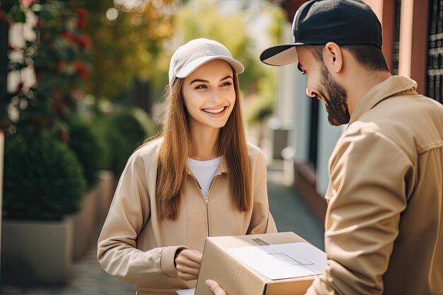 Photo delivery man handing a package to a smiling woman