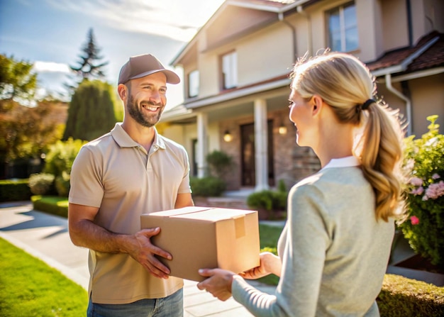 Delivery Man Handing Parcel to a Happy Customer at Doorstep