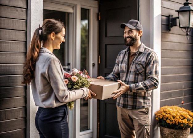 Photo delivery man handing parcel to a happy customer at doorstep