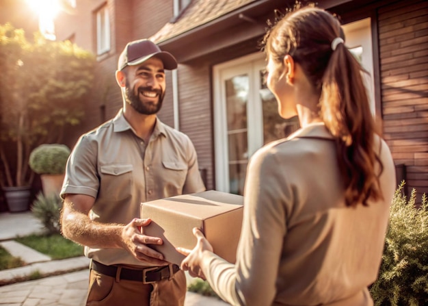 Delivery Man Handing Parcel to a Happy Customer at Doorstep