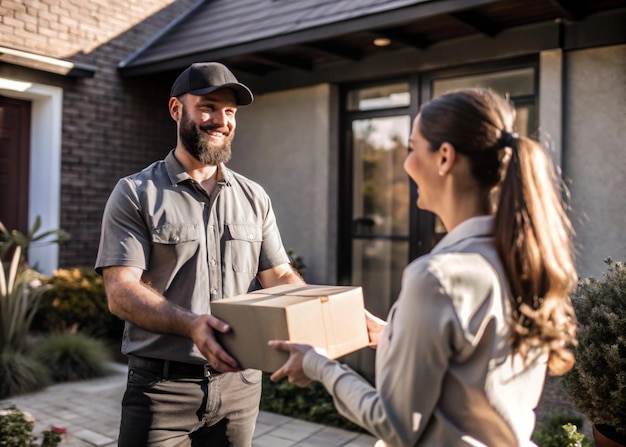 Delivery Man Handing Parcel to a Happy Customer at Doorstep