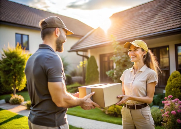 Delivery Man Handing Parcel to a Happy Customer at Doorstep