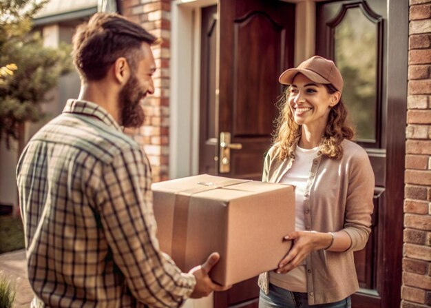 Photo delivery man handing parcel to a happy customer at doorstep