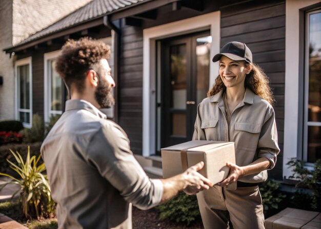 Delivery Man Handing Parcel to a Happy Customer at Doorstep