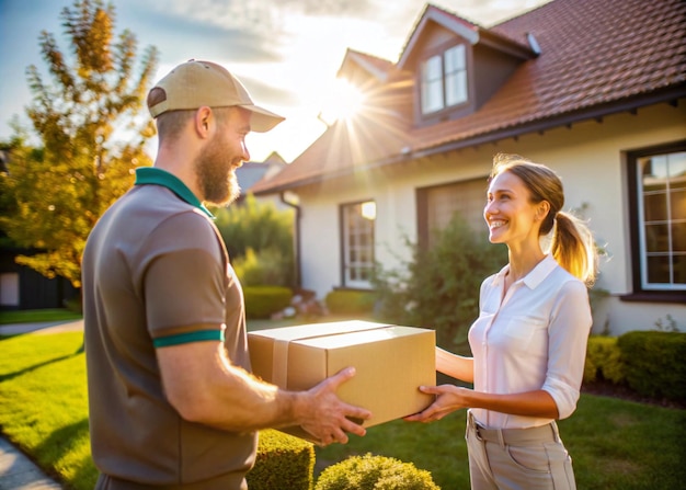 Photo delivery man handing parcel to a happy customer at doorstep