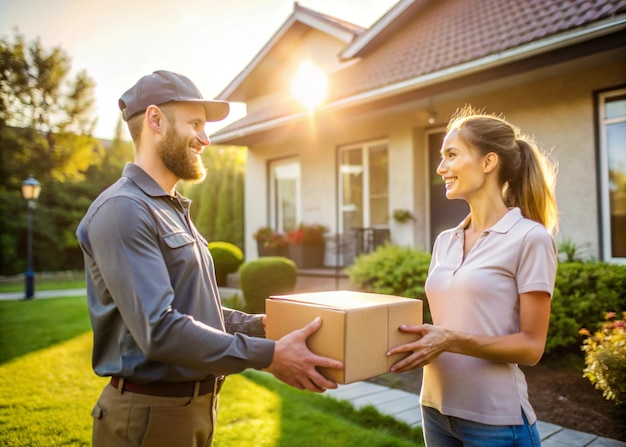 Delivery Man Handing Parcel to a Happy Customer at Doorstep