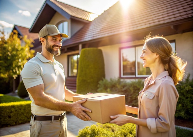 Delivery Man Handing Parcel to a Happy Customer at Doorstep