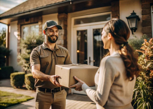 Delivery Man Handing Parcel to a Happy Customer at Doorstep