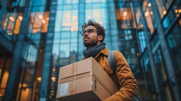 Delivery man holding a package in front of a warehouse