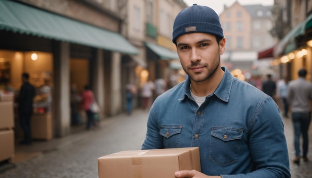 Delivery man holding parcel box