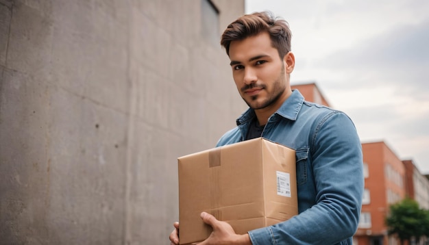 Delivery man holding parcel box