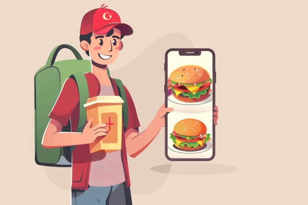 Photo delivery man holding phone showing food order