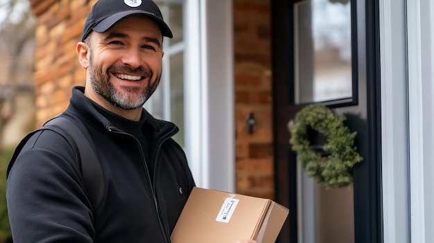 Photo a delivery man is delivering a package to a house