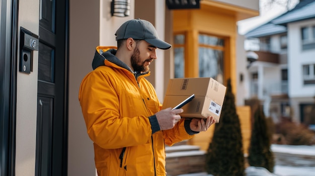 Photo delivery man is delivering a package to a residential home