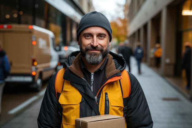 The delivery man is standing holding a package box